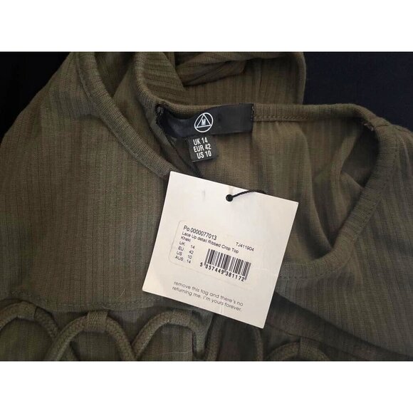 NWT MISSGUIDED Top Size 10 Khaki Green Ribbed Knit Crop Top Cross Lace Detail - Picture 3 of 8